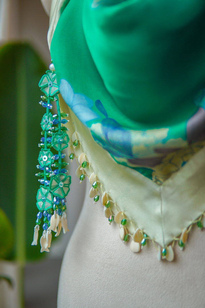 Green Floral Printed Stole with hand embroidered tassels