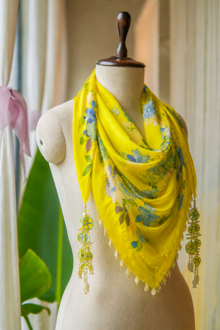 Sunshine Yellow Floral Printed Stole with hand embroidered tassels