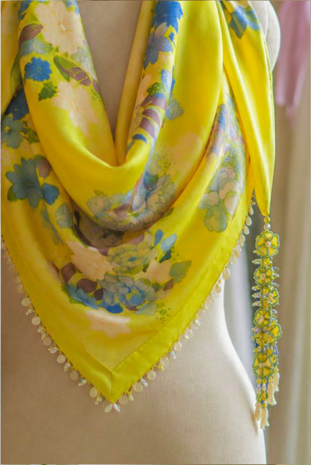 Sunshine Yellow Floral Printed Stole with hand embroidered tassels