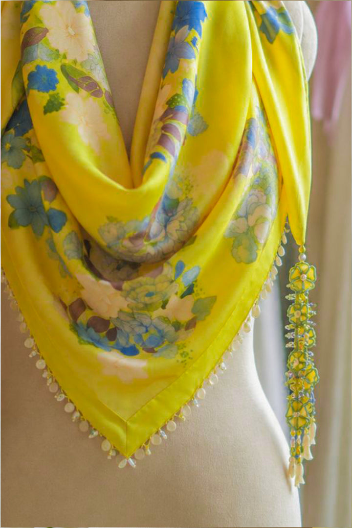 Sunshine Yellow Floral Printed Stole with hand embroidered tassels