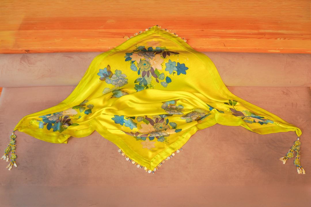 Sunshine Yellow Floral Printed Stole with hand embroidered tassels