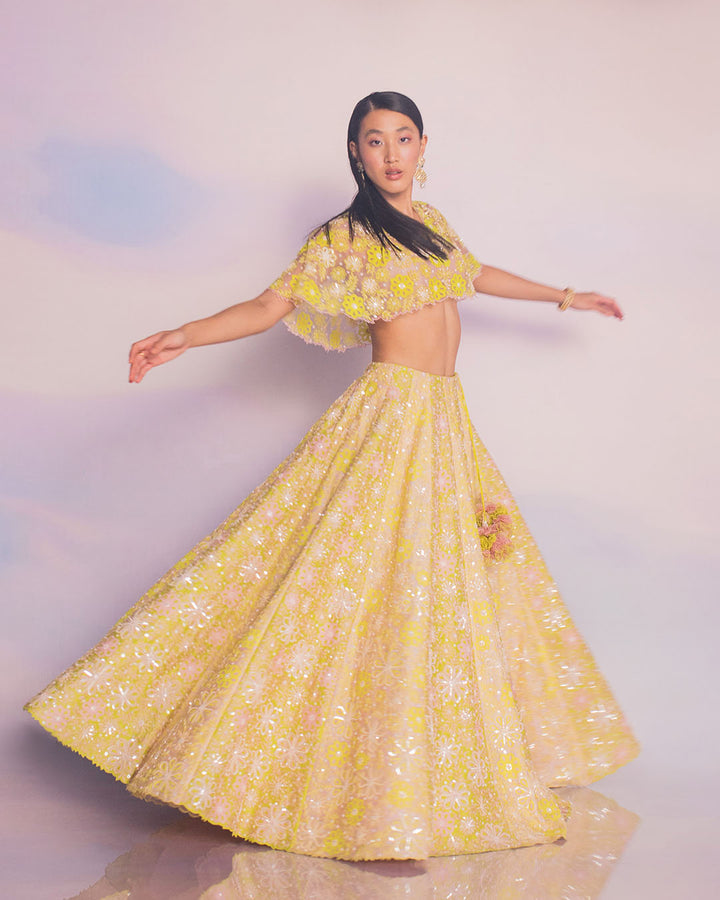 SPRING GREEN AND PINK FLORAL LEHENGA WITH CAPE BLOUSE(MZLH07)