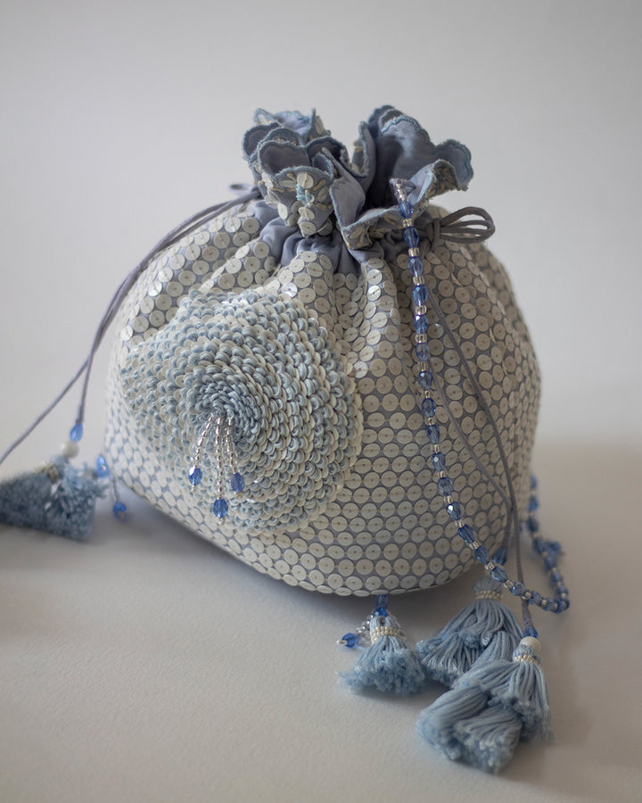 The Dahlia sequin Potli in Misty blue