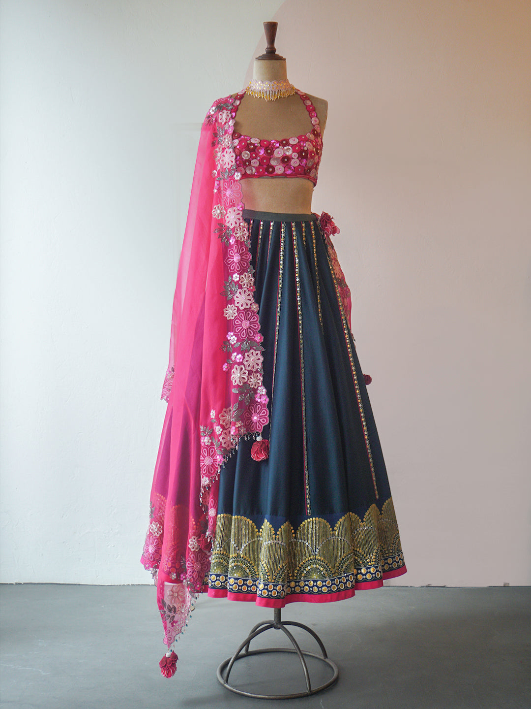 Nightsky & Rose Pink Hand Embroidered Silk Lehenga Set