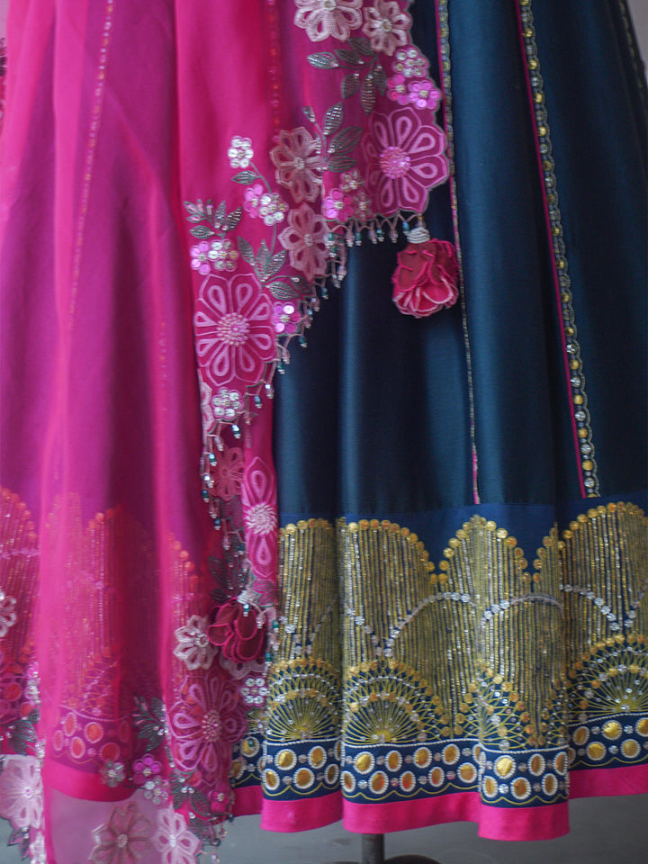 Nightsky & Rose Pink Hand Embroidered Silk Lehenga Set