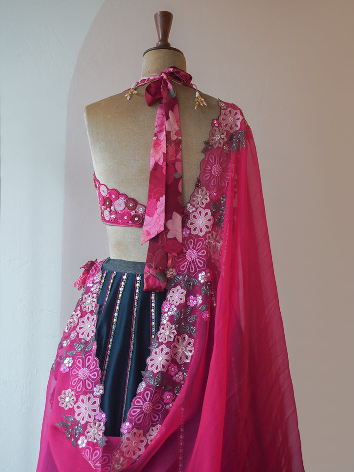 Nightsky & Rose Pink Hand Embroidered Silk Lehenga Set