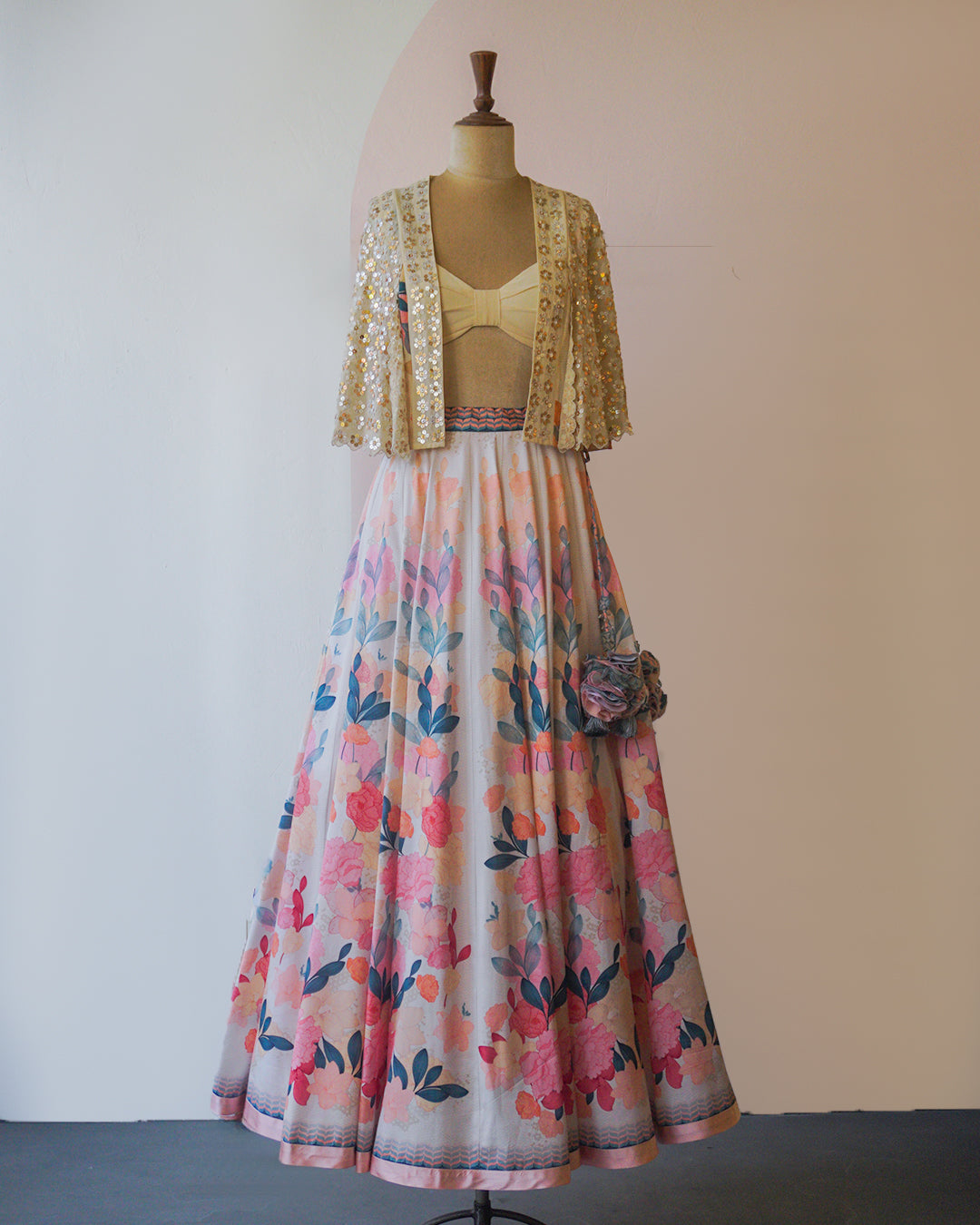 Biege hand Emrbroidered Cape & printed Silk Lehenga Set