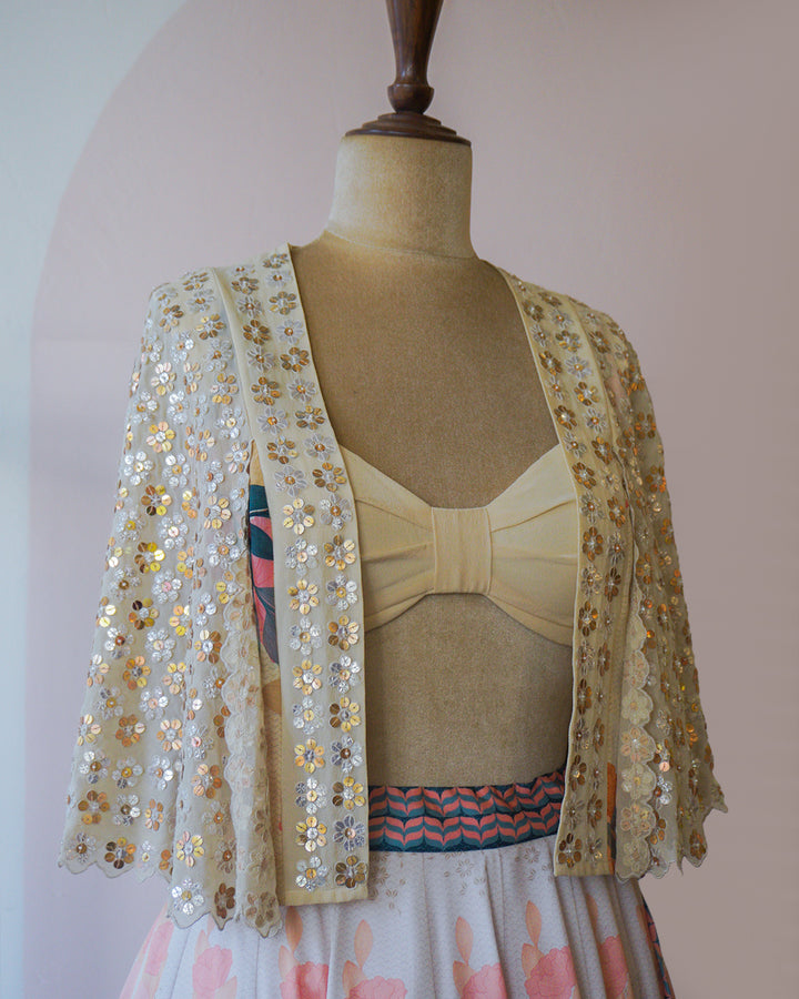 Biege hand Emrbroidered Cape & printed Silk Lehenga Set