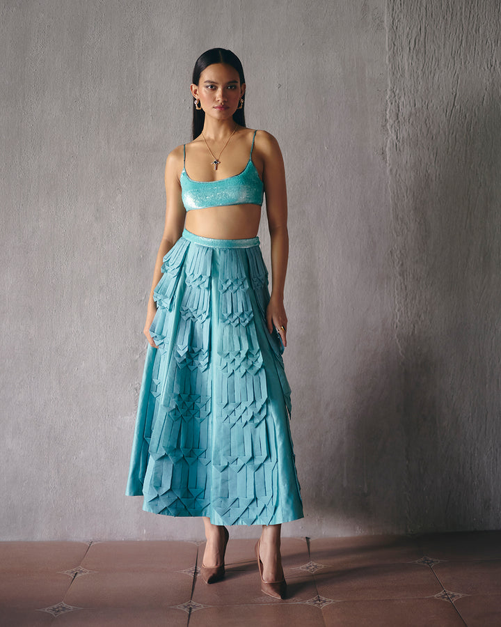 AZURE WINGED SKIRT WITH THE COCOON BUSTIER AND FROSTED FLORAL JACKET ( MZ HP 10 )