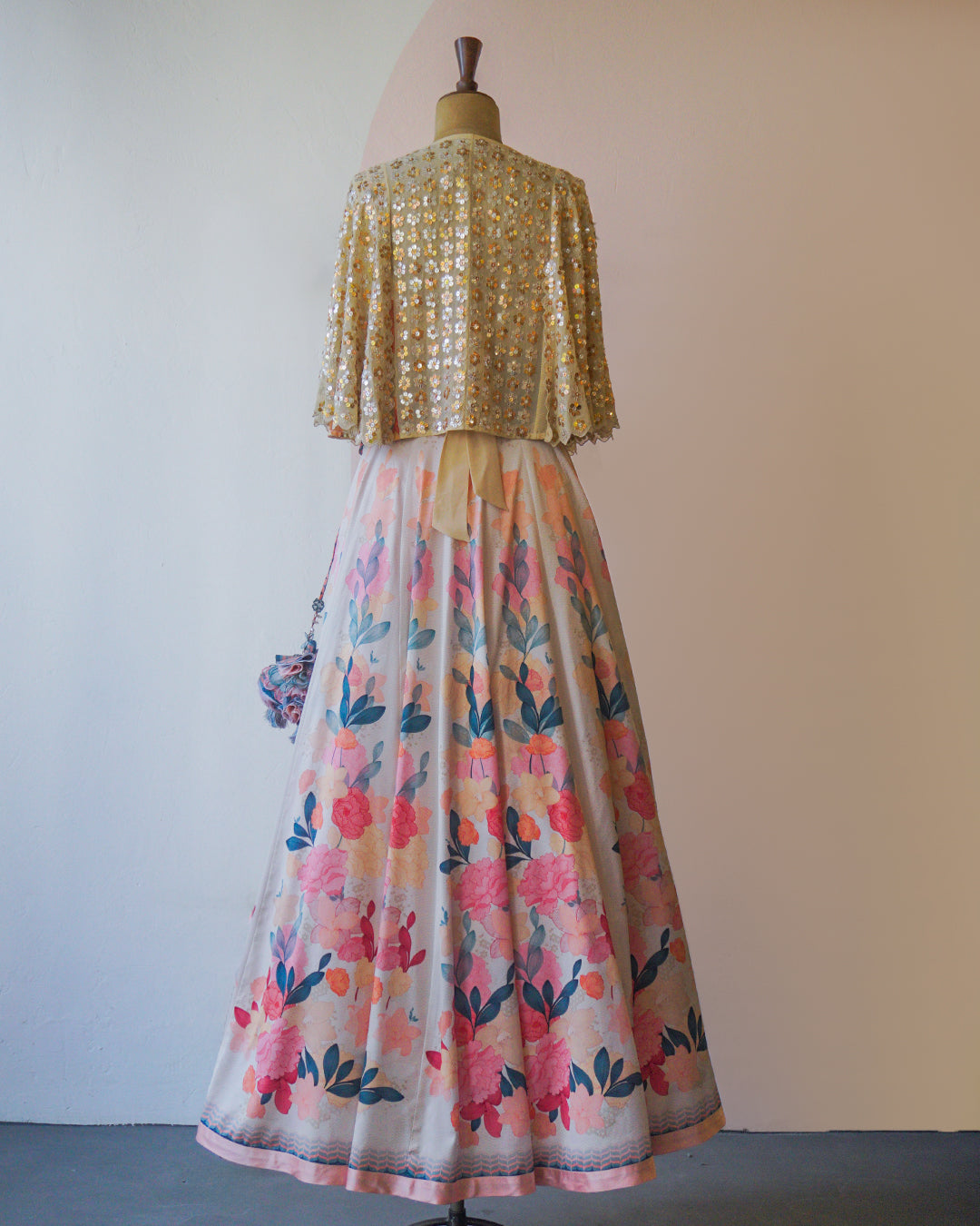 Biege hand Emrbroidered Cape & printed Silk Lehenga Set