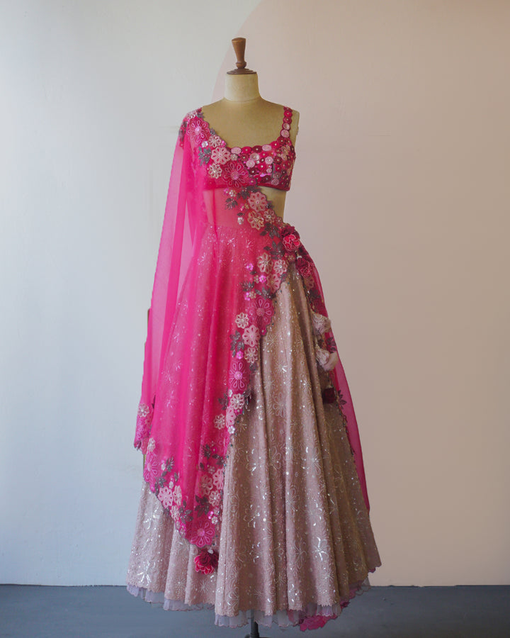 Mauve & Rose Pink Hand Embroidered Silk Lehenga Set