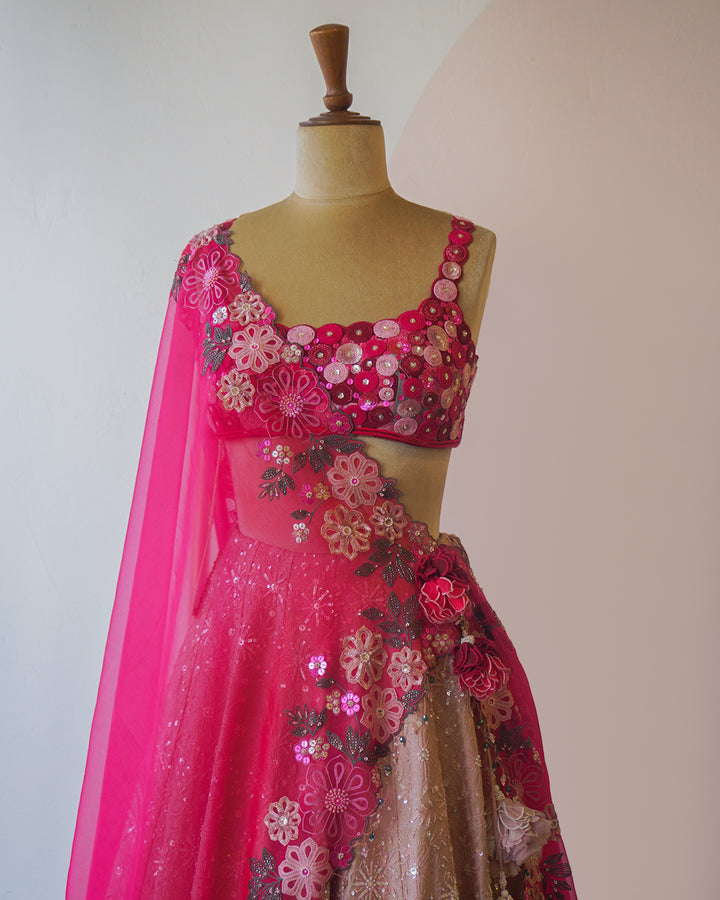 Mauve & Rose Pink Hand Embroidered Silk Lehenga Set
