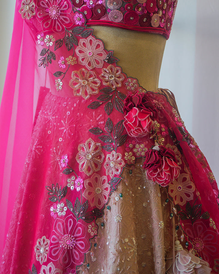 Mauve & Rose Pink Hand Embroidered Silk Lehenga Set