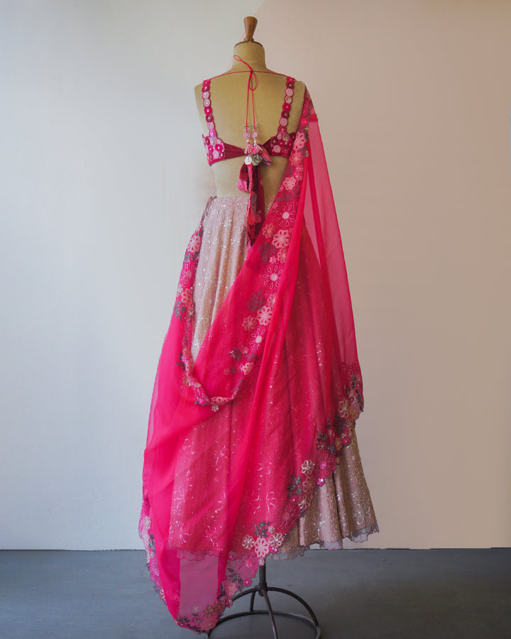 Mauve & Rose Pink Hand Embroidered Silk Lehenga Set
