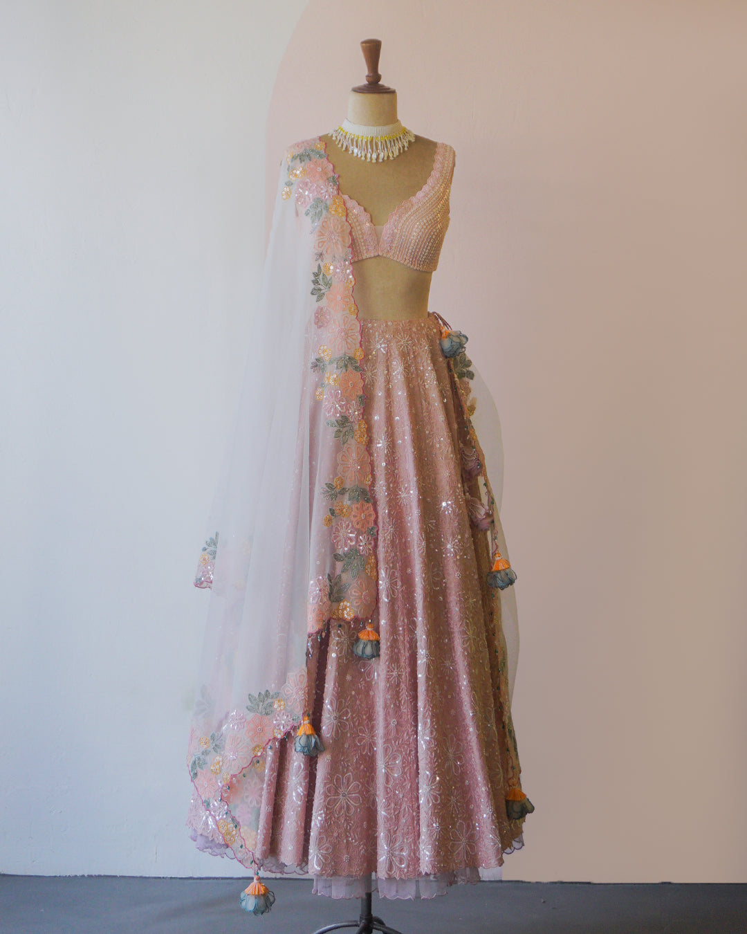 Mauve & Ivory Hand Embroidered Silk Lehenga Set