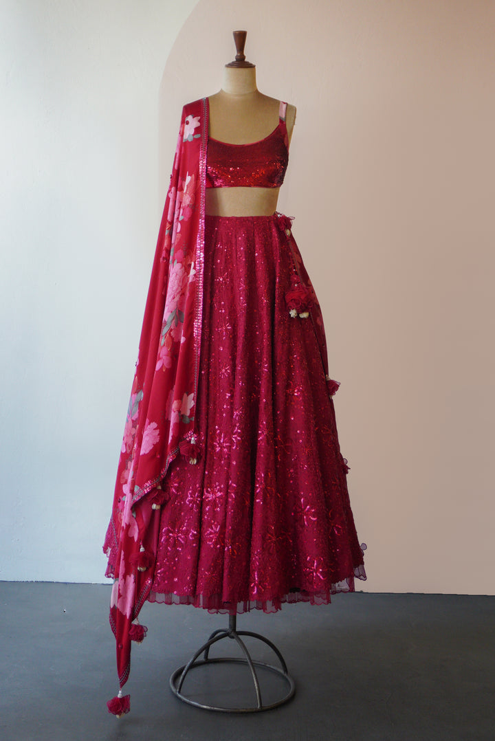 Ruby Red Intricate Hand Embroidered Silk Lehenga Set