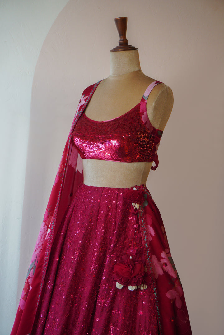 Ruby Red Intricate Hand Embroidered Silk Lehenga Set