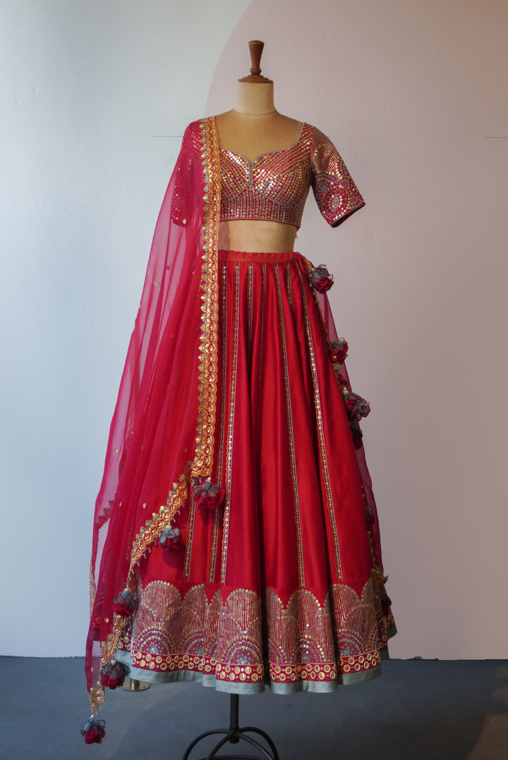 Ruby Red Hand Embroidered Lehenga Set ( MZ LH 05 )