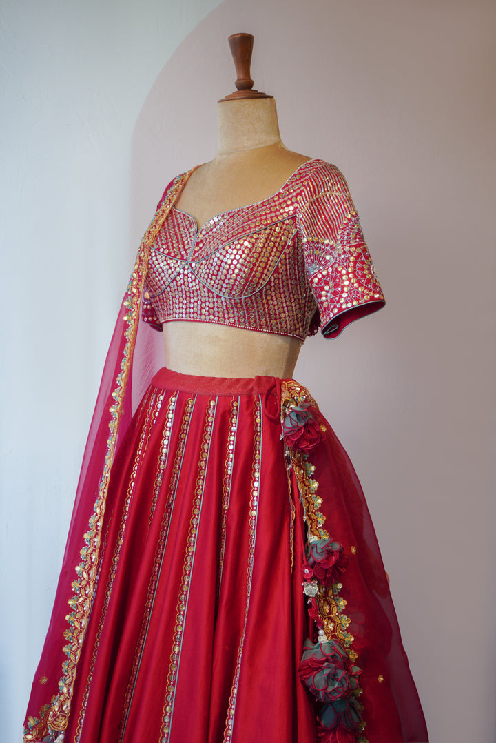 Ruby Red Hand Embroidered Lehenga Set ( MZ LH 05 )