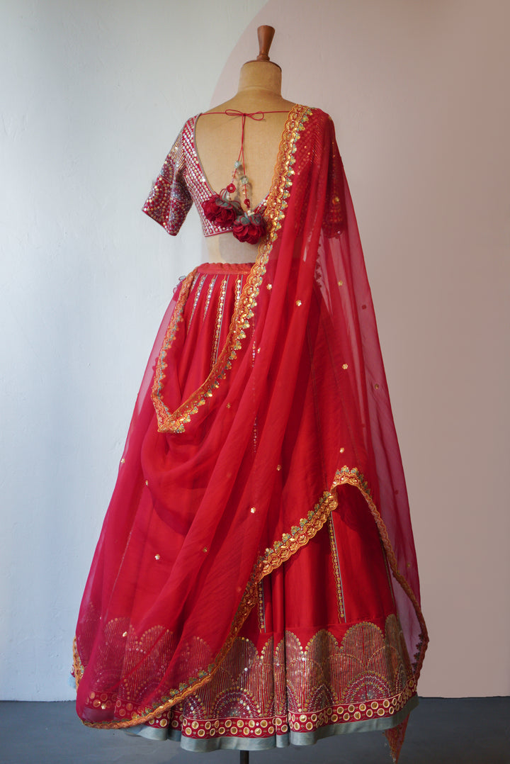 Ruby Red Hand Embroidered Lehenga Set ( MZ LH 05 )