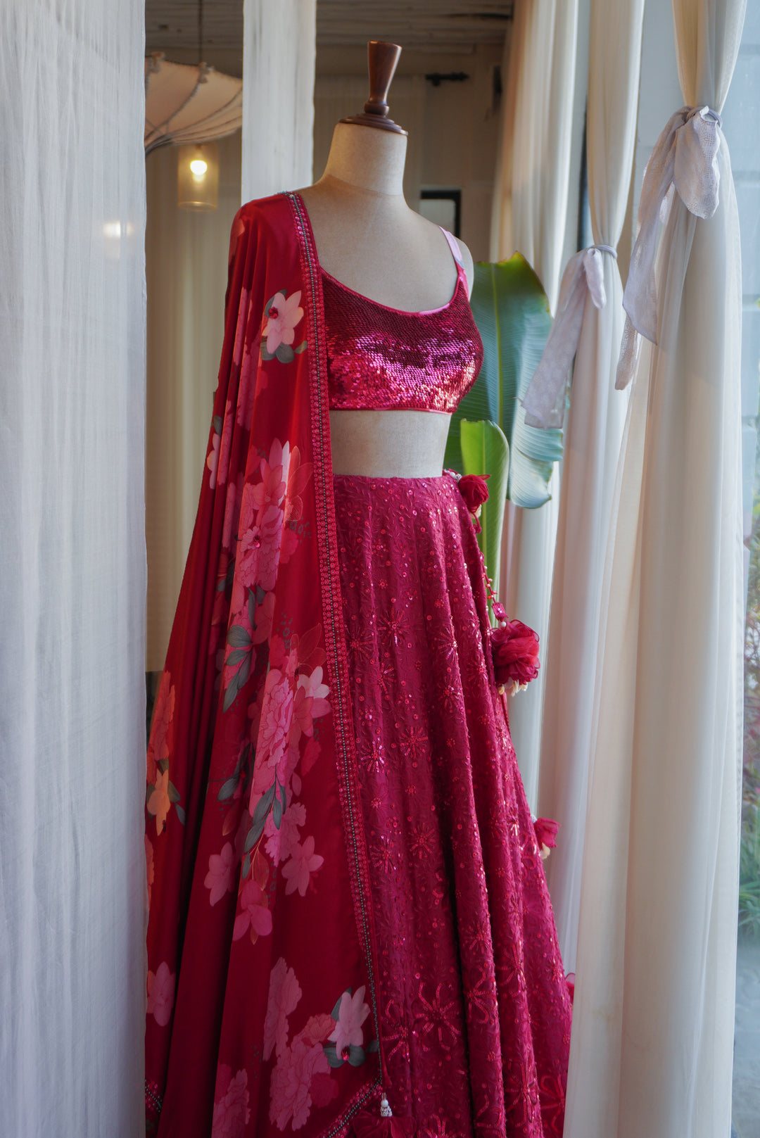 Ruby Red Intricate Hand Embroidered Silk Lehenga Set
