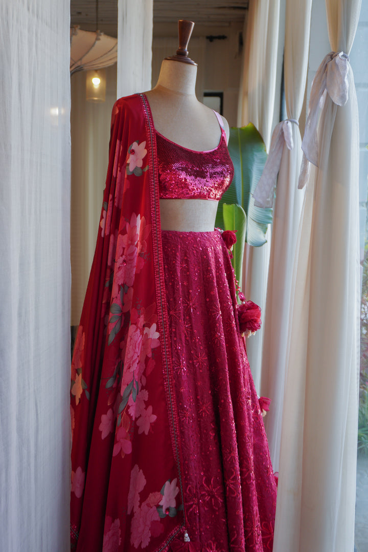 Ruby Red Intricate Hand Embroidered Silk Lehenga Set