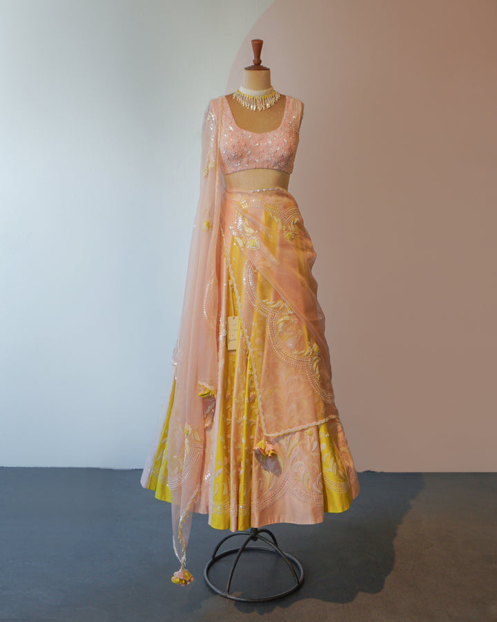 Sunshine yellow & light pink Hand Embroidered Silk Lehenga Set