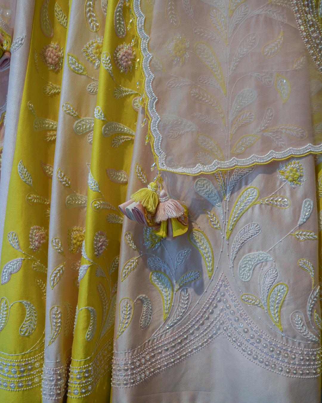Sunshine yellow & light pink Hand Embroidered Silk Lehenga Set