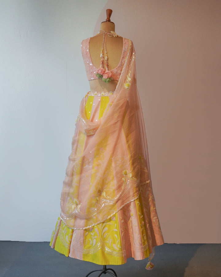 Sunshine yellow & light pink Hand Embroidered Silk Lehenga Set