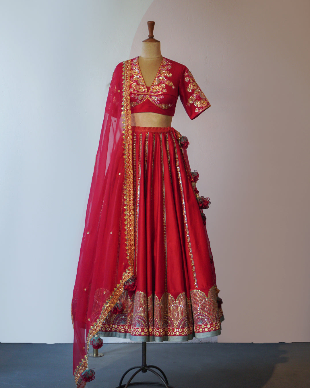 Ruby Red with Pot blue Accent Hand Embroidered Silk Lehenga Set