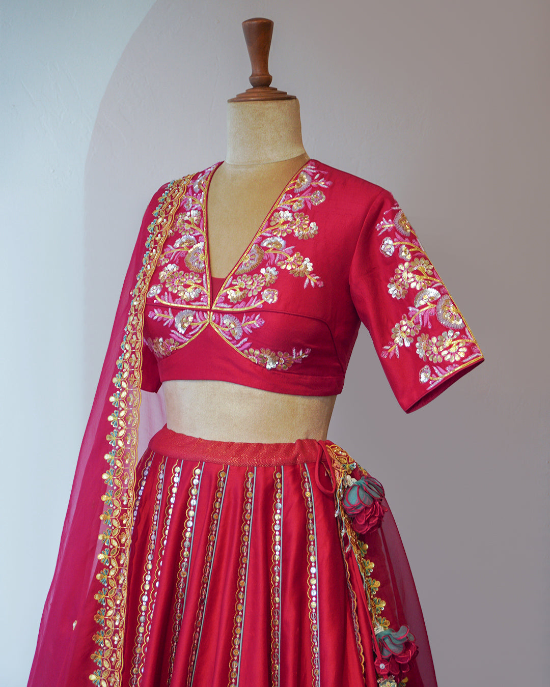 Ruby Red with Pot blue Accent Hand Embroidered Silk Lehenga Set