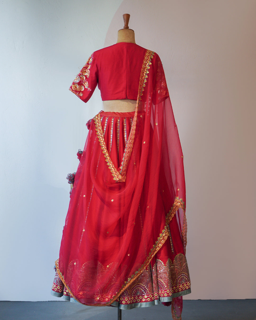 Ruby Red with Pot blue Accent Hand Embroidered Silk Lehenga Set