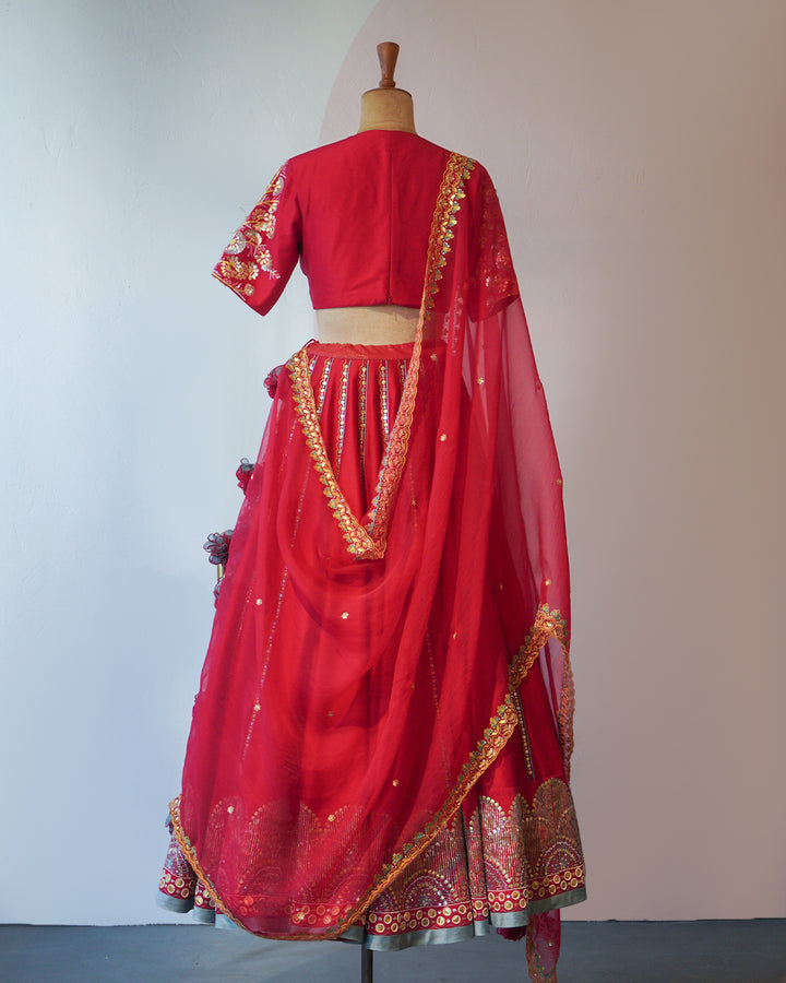 Ruby Red with Pot blue Accent Hand Embroidered Silk Lehenga Set