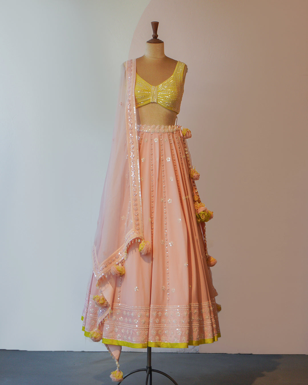 Light Pink & Spring Green Hand Embroidered Silk Lehenga Set