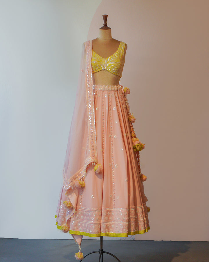 Light Pink & Spring Green Hand Embroidered Silk Lehenga Set