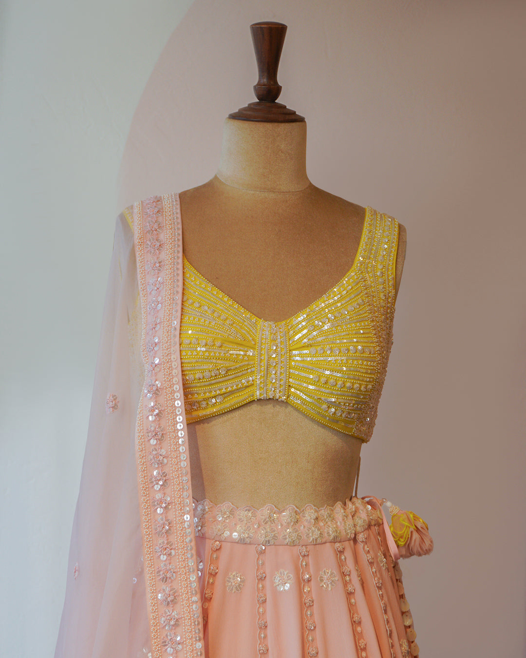 Light Pink & Spring Green Hand Embroidered Silk Lehenga Set