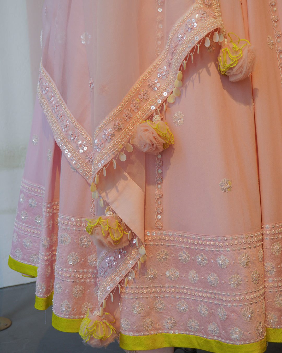 Light Pink & Spring Green Hand Embroidered Silk Lehenga Set