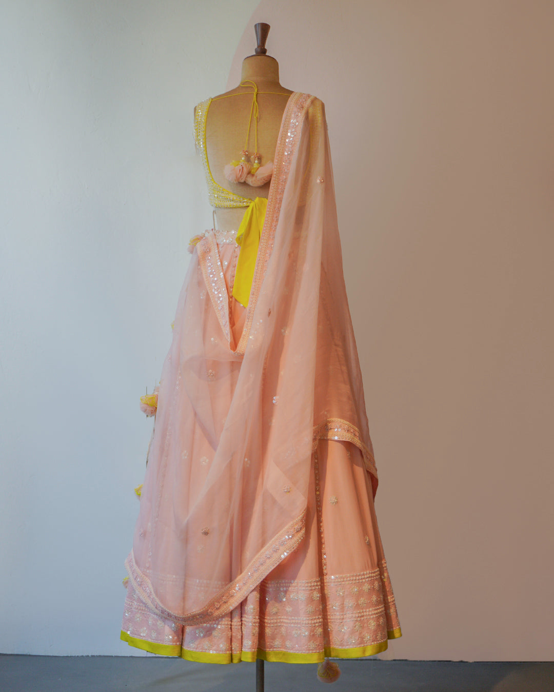Light Pink & Spring Green Hand Embroidered Silk Lehenga Set
