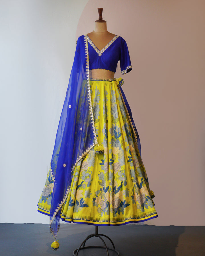 Moroccan Blue & Spring Green Printed Silk Lehenga Set