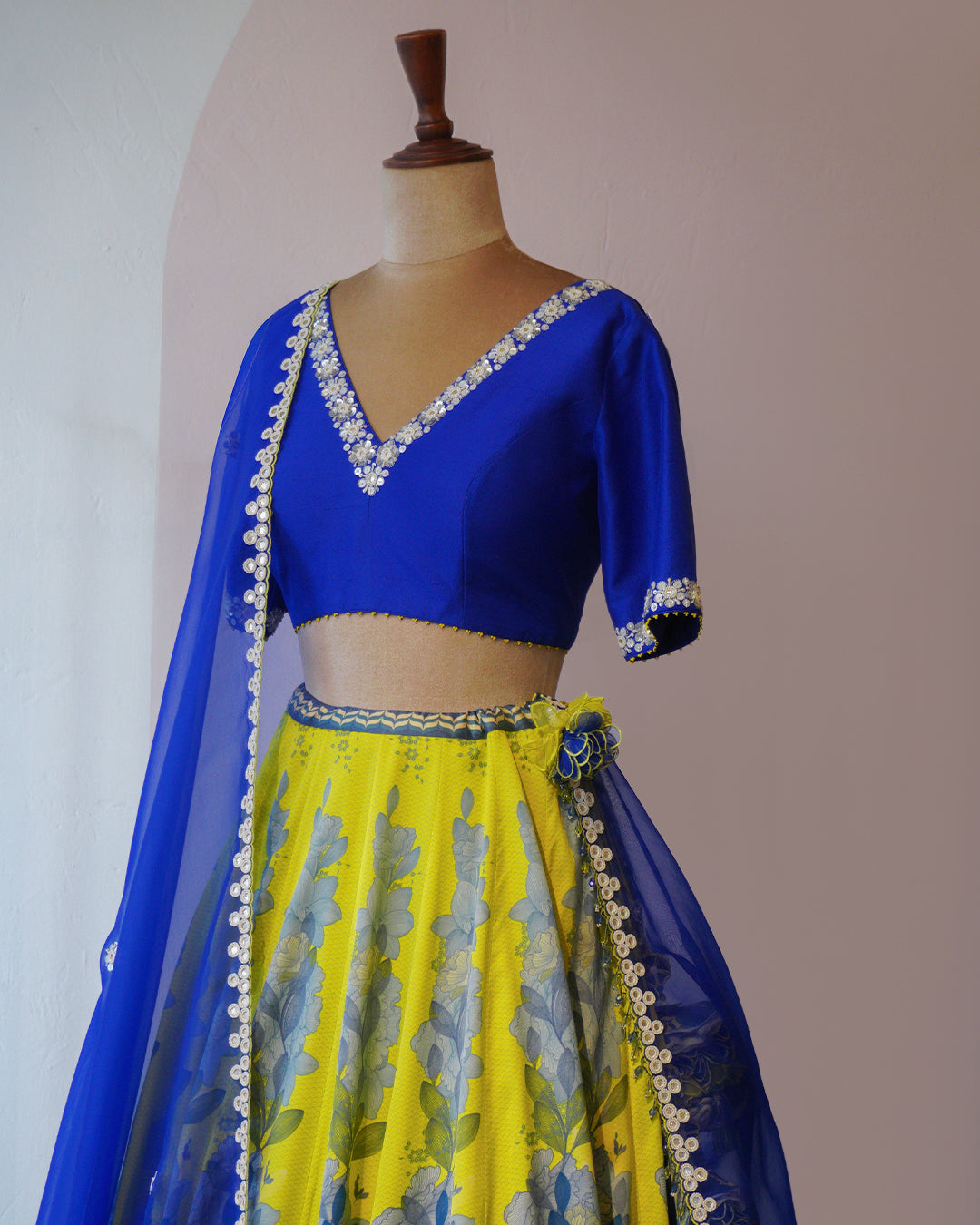 Moroccan Blue & Spring Green Printed Silk Lehenga Set