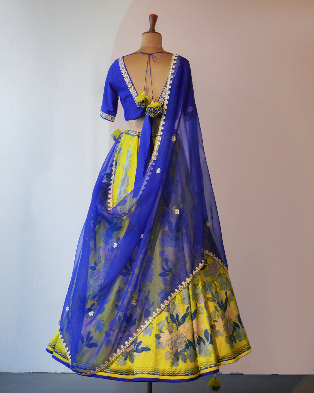 Moroccan Blue & Spring Green Printed Silk Lehenga Set