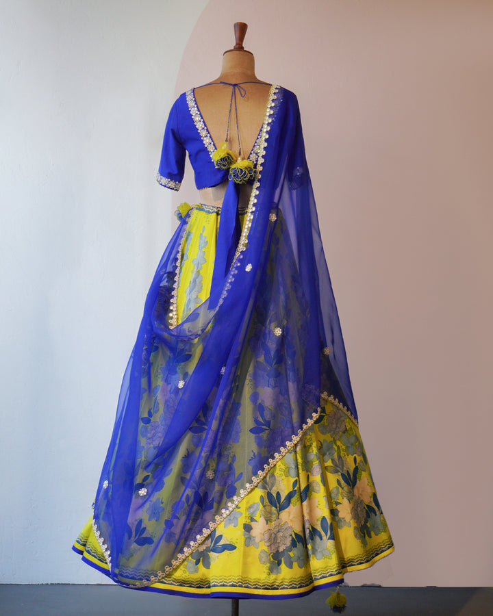 Moroccan Blue & Spring Green Printed Silk Lehenga Set