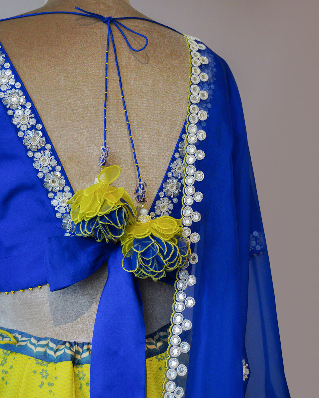Moroccan Blue & Spring Green Printed Silk Lehenga Set