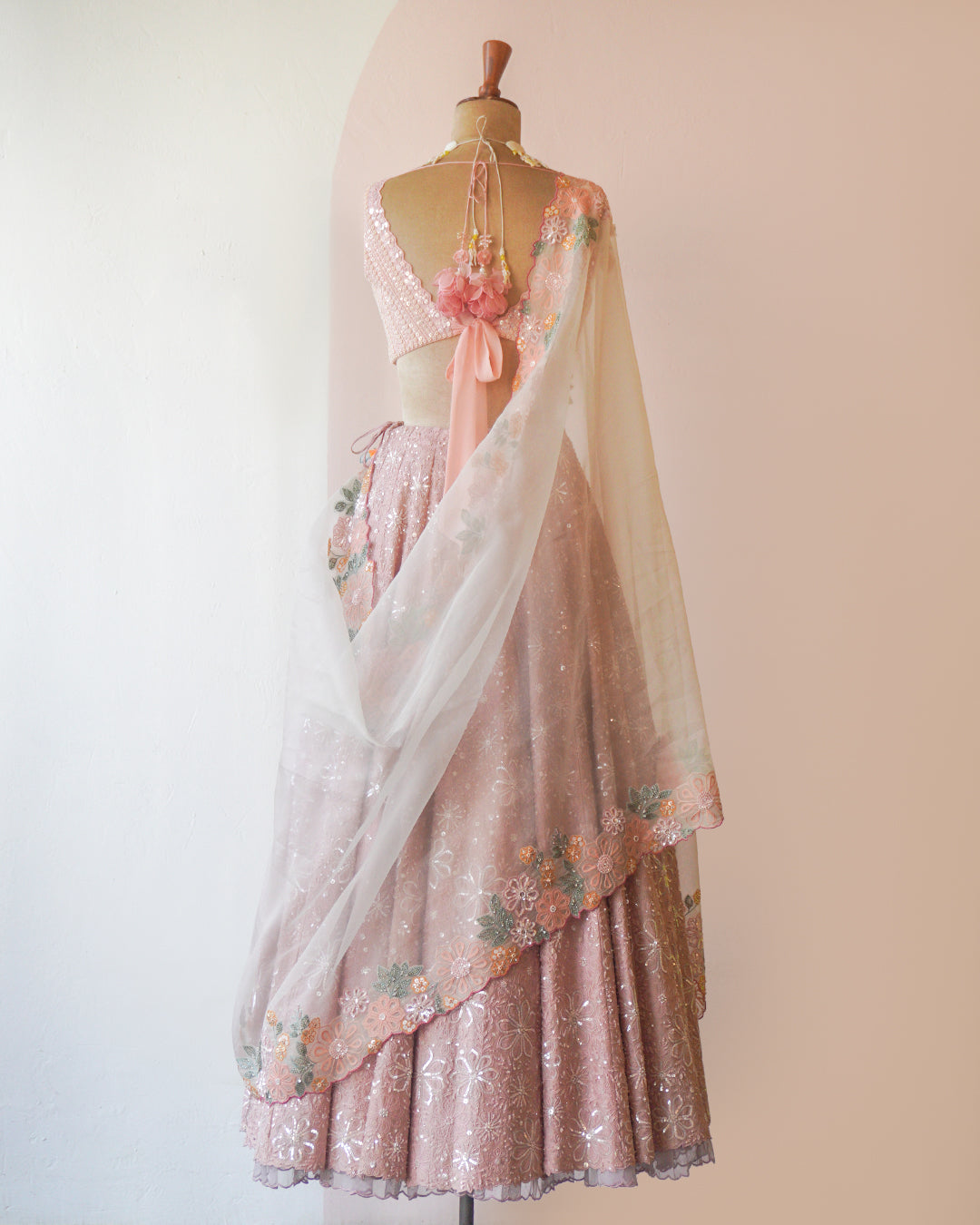 Mauve & Ivory Hand Embroidered Silk Lehenga Set