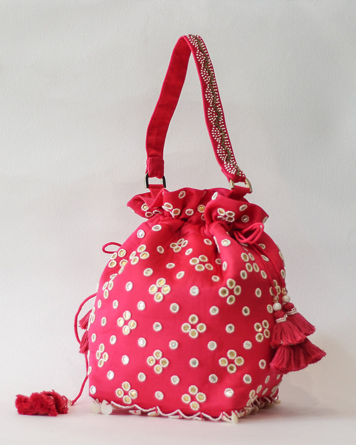GOTA & BEADS POTLI BAG IN ROSE PINK