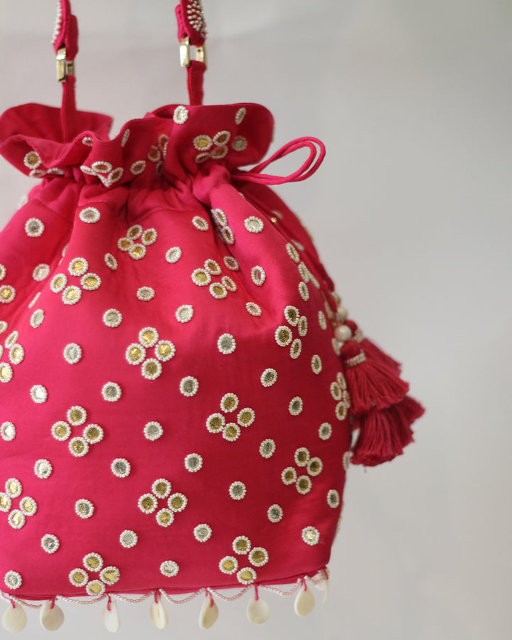 GOTA & BEADS POTLI BAG IN ROSE PINK