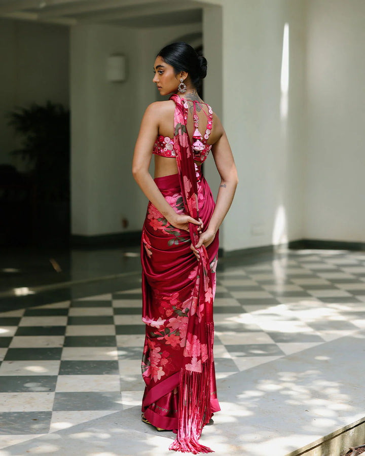 Juhi Godambe Jain in Scarlet fringe oriental bloom sari set