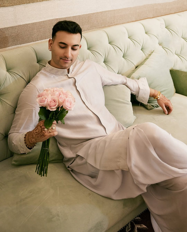 Rishabh Rikhiram Sharma In a Madzin open sherwani over a silk kurta and dhoti
