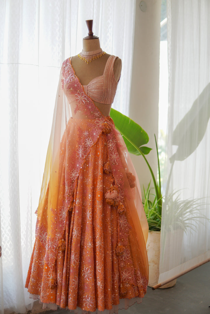 Contrasting Lilac & Orange Hand Embroidered Lehenga Set