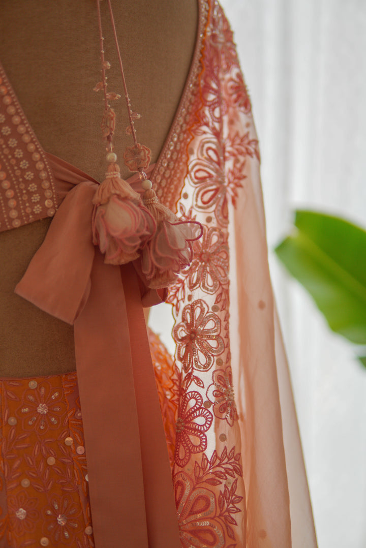 Contrasting Lilac & Orange Hand Embroidered Lehenga Set